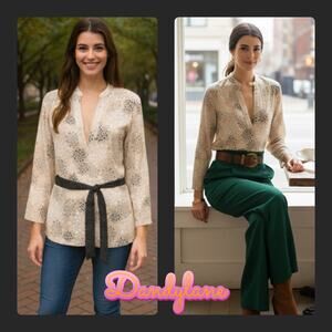 The North Face Deep V Neck Blouse with Belt Circle Pattern Long Sleeves Medium